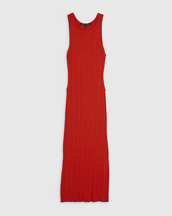 Red Knitted Racer Neck Ribbed Midi Dress