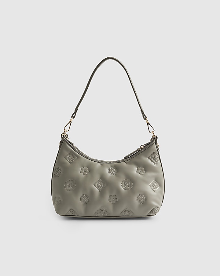 Grey Monogram Quilted Scoop Shoulder Bag