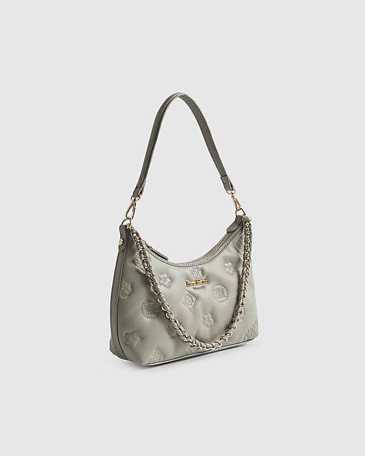 Grey Monogram Quilted Scoop Shoulder Bag