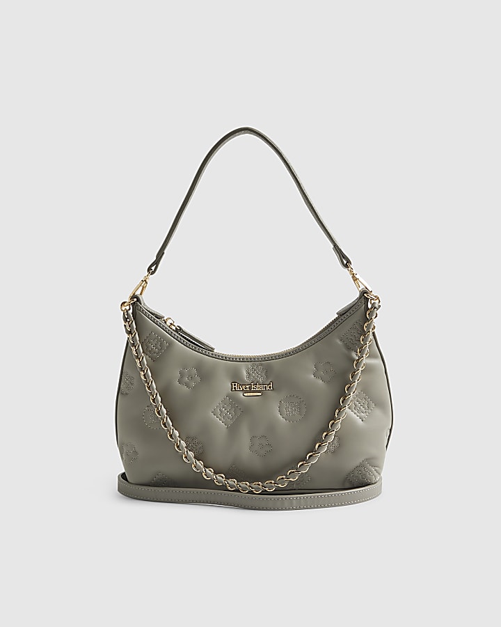 Grey Monogram Quilted Scoop Shoulder Bag