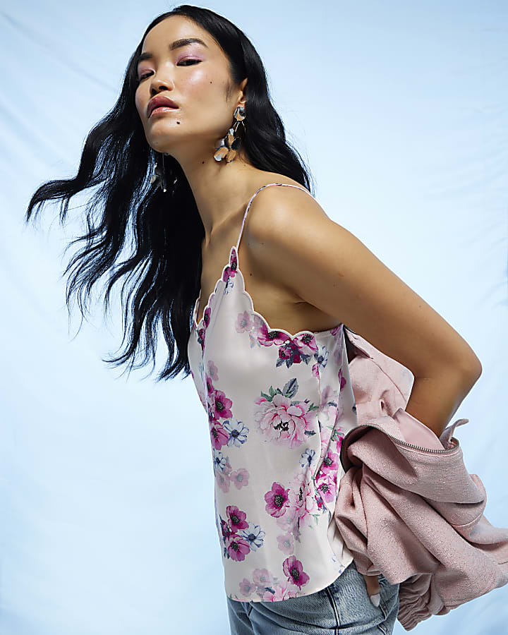 Pink Satin Floral Scallop Trim Cami Top