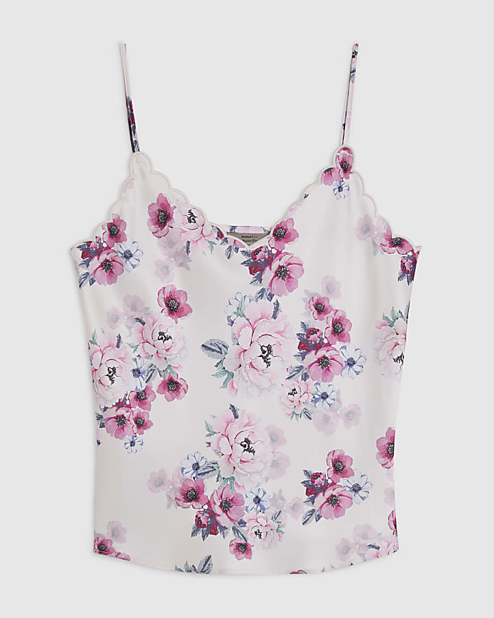 Pink Satin Floral Scallop Trim Cami Top