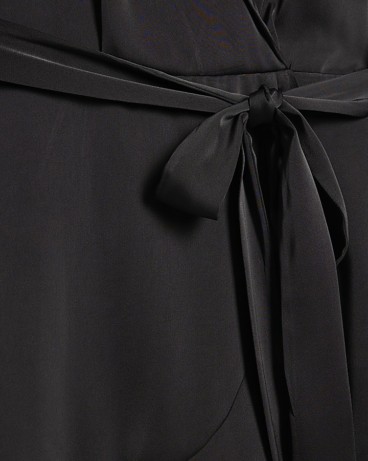Black Satin Wrap Front Mini Dress