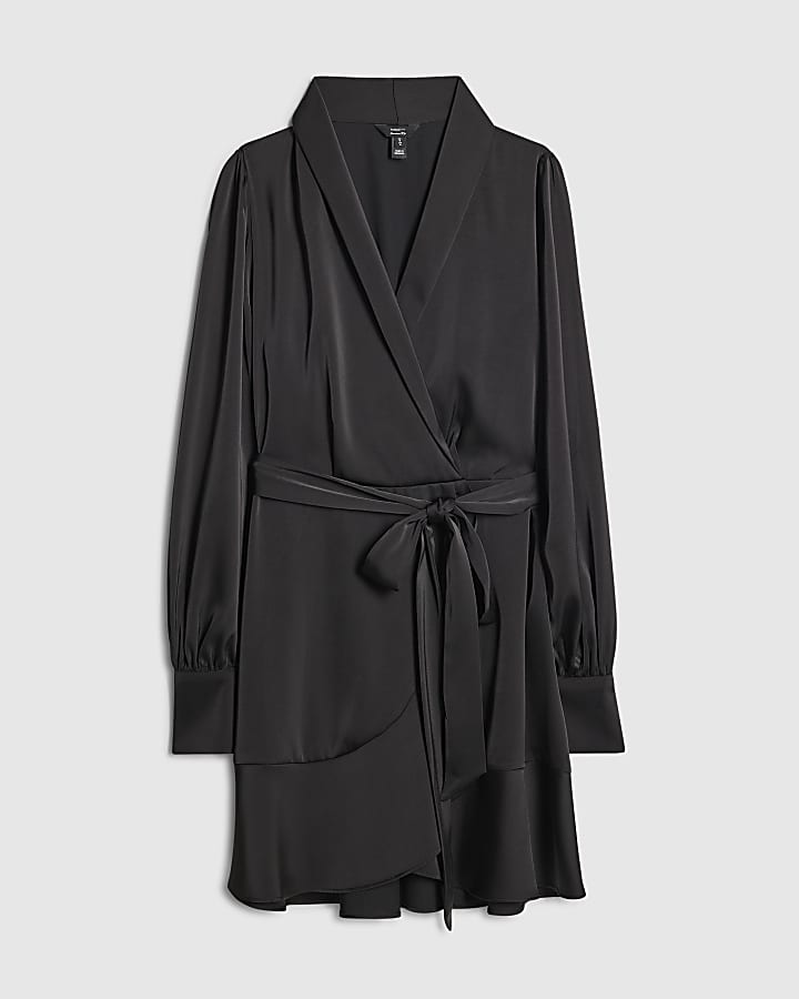 Black Satin Wrap Front Mini Dress