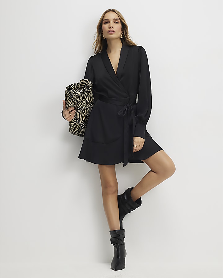 Black Satin Wrap Front Mini Dress