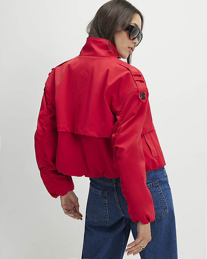 Red Funnel Neck Bubble Hem Trench Coat