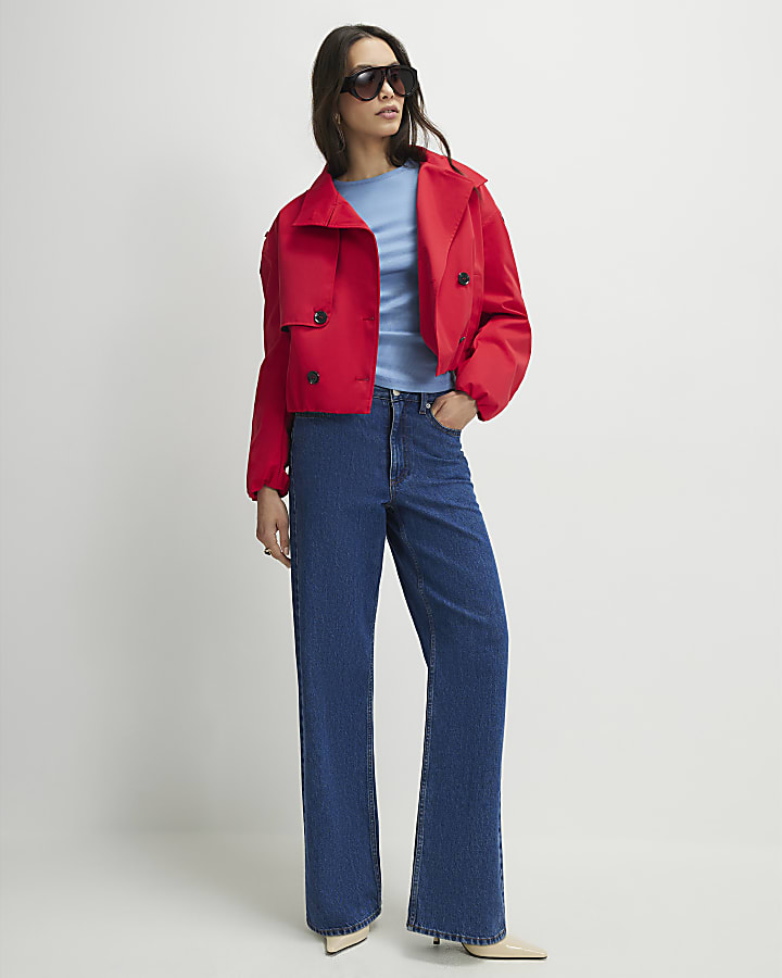 Red Funnel Neck Bubble Hem Trench Coat