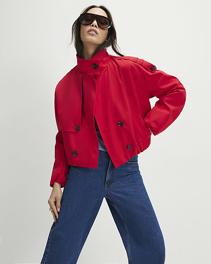 Red Funnel Neck Bubble Hem Trench Coat