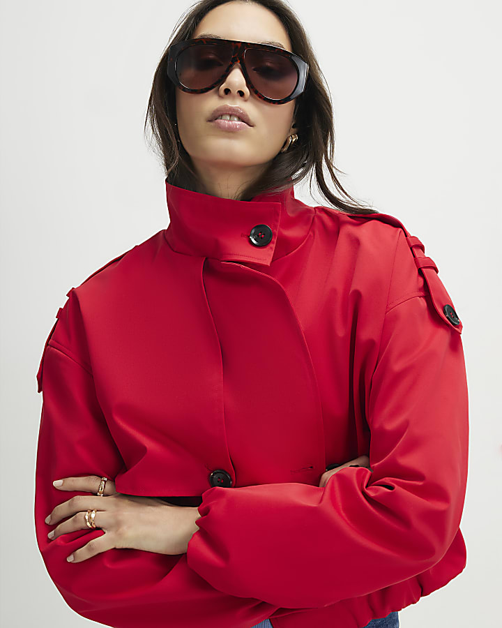 Red Funnel Neck Bubble Hem Trench Coat