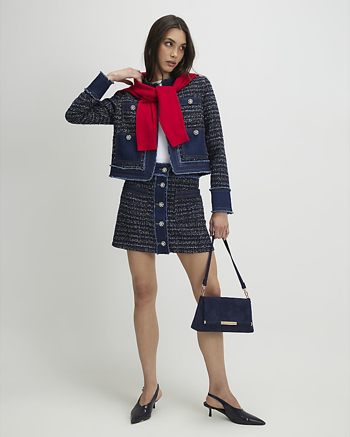 Blue Boucle Denim A line Mini Skirt