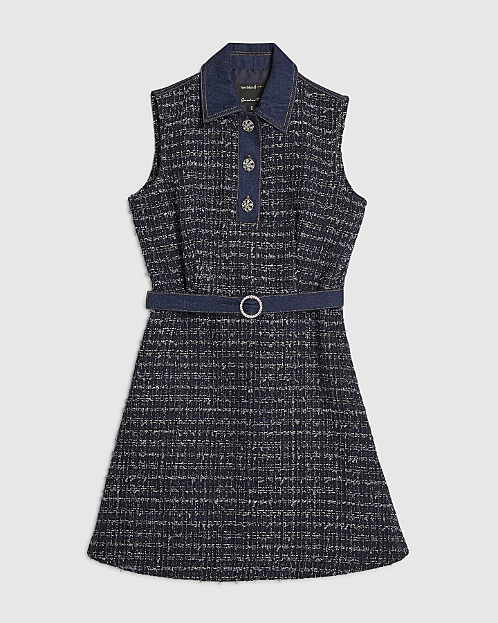 Blue Boucle Belted Mini Dress