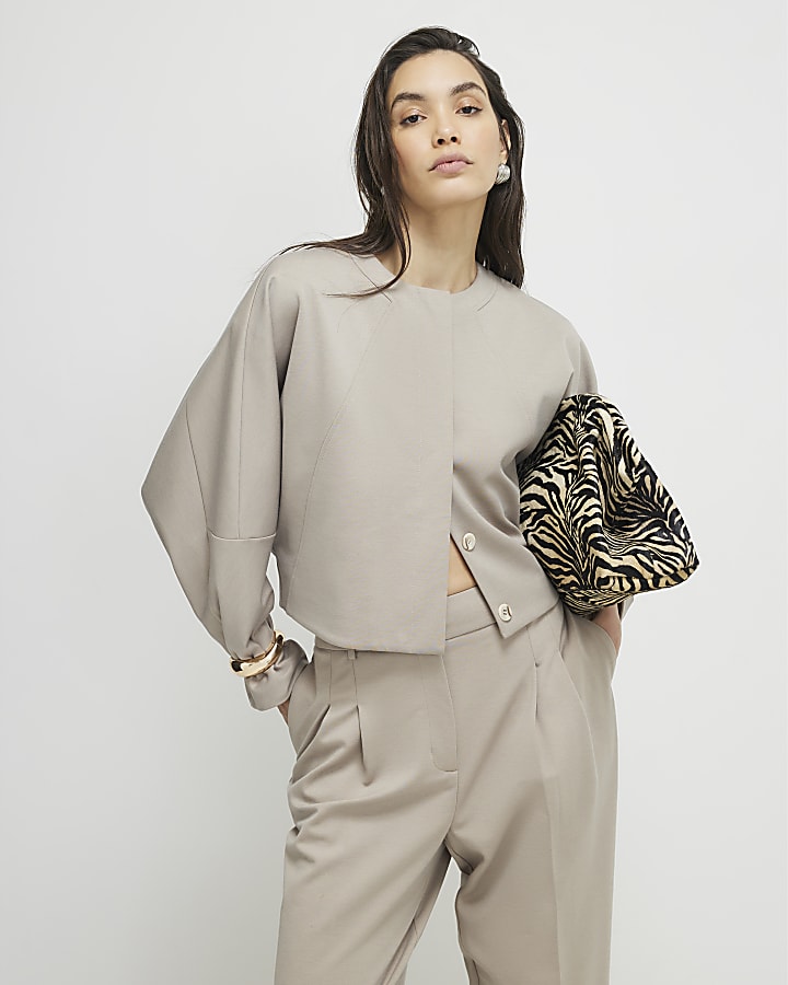 Cream Long Sleeve Bomber Jacket