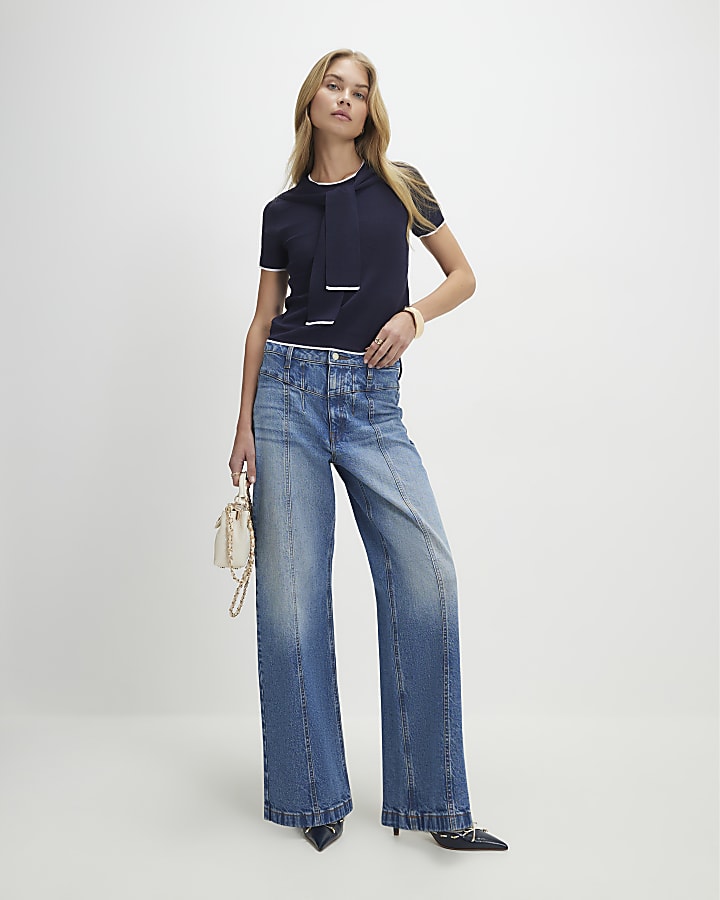 Navy Tie Neck Knitted Top