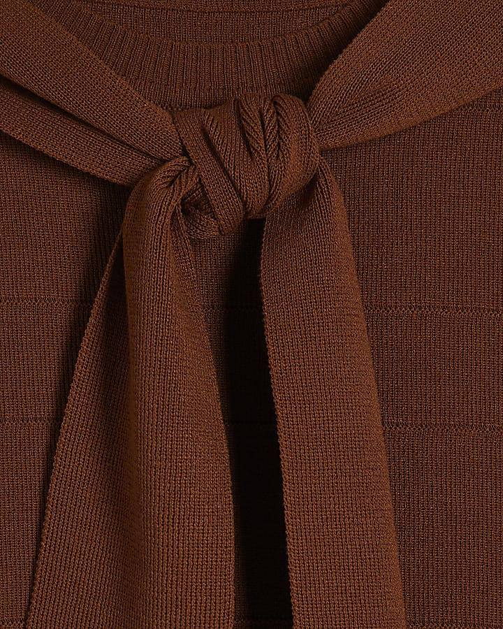 Brown Tie Neck Knitted Top
