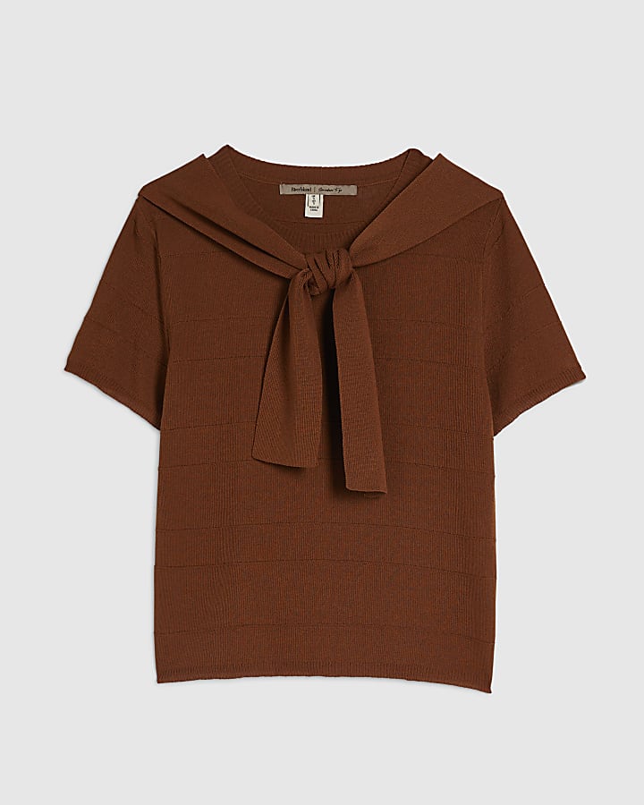 Brown Tie Neck Knitted Top