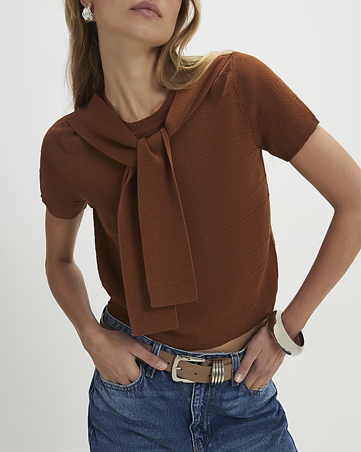 Brown Tie Neck Knitted Top