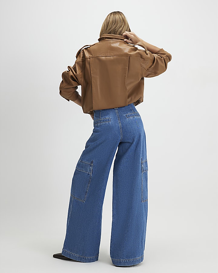 Blue Wide Leg Pleated Cargo Pocket Jeans