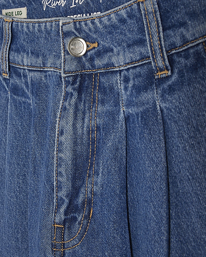 Blue Wide Leg Pleated Cargo Pocket Jeans