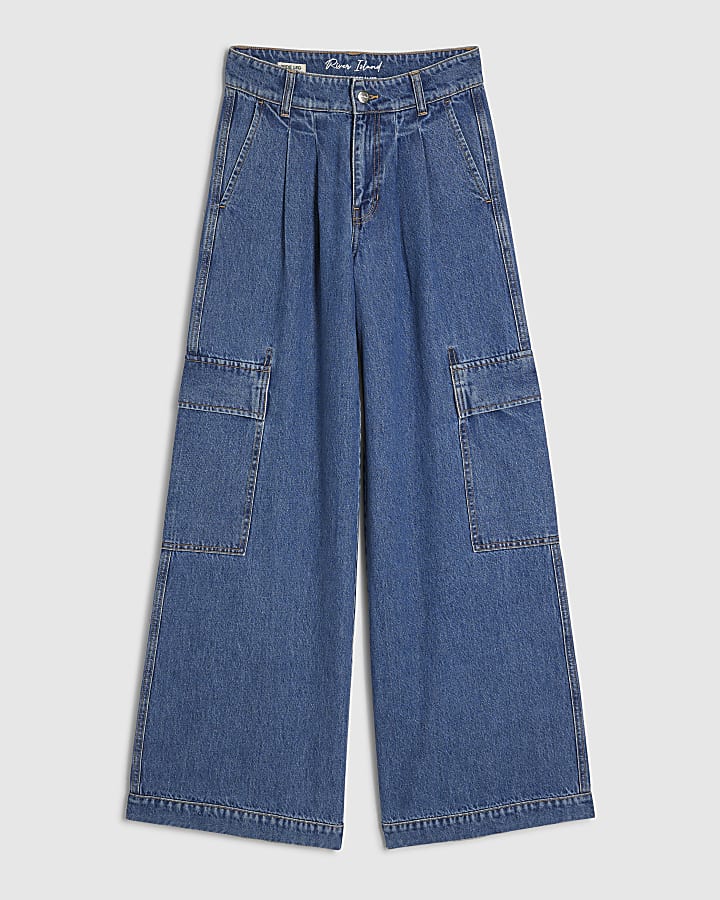 Blue Wide Leg Pleated Cargo Pocket Jeans