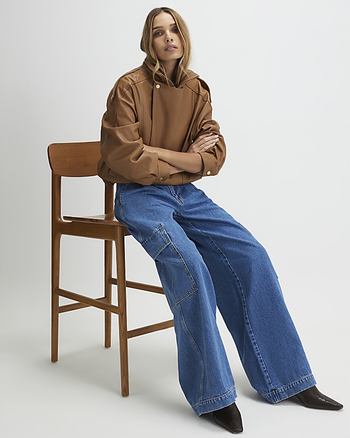 Blue Wide Leg Pleated Cargo Pocket Jeans