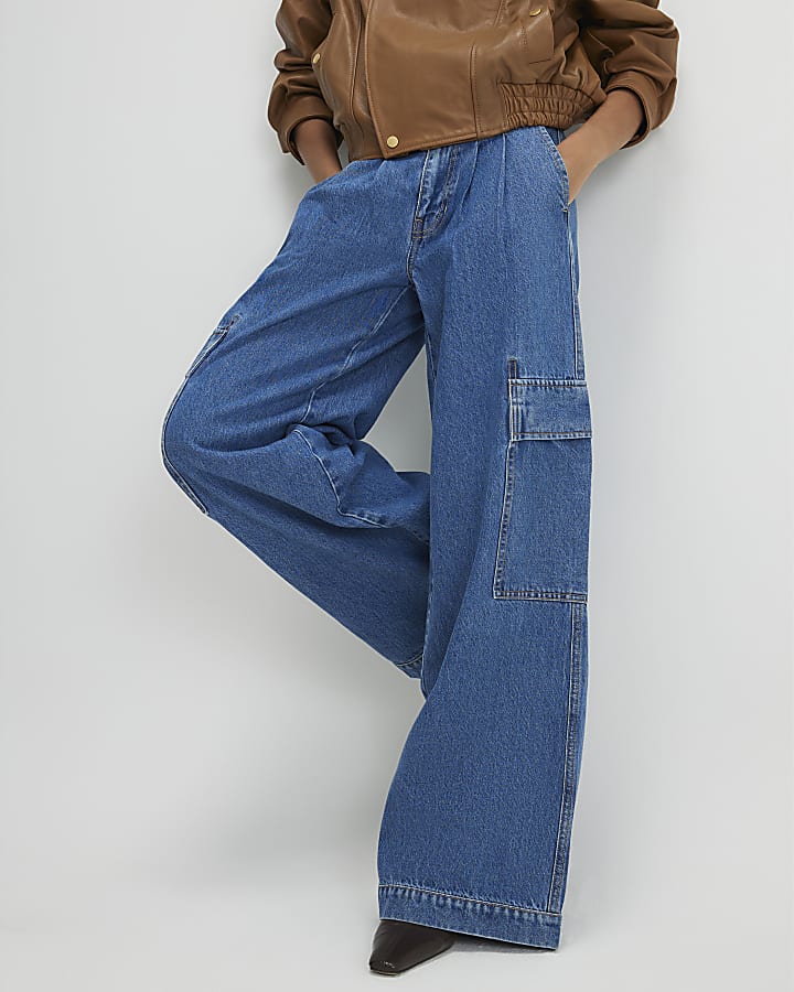 Blue Wide Leg Pleated Cargo Pocket Jeans