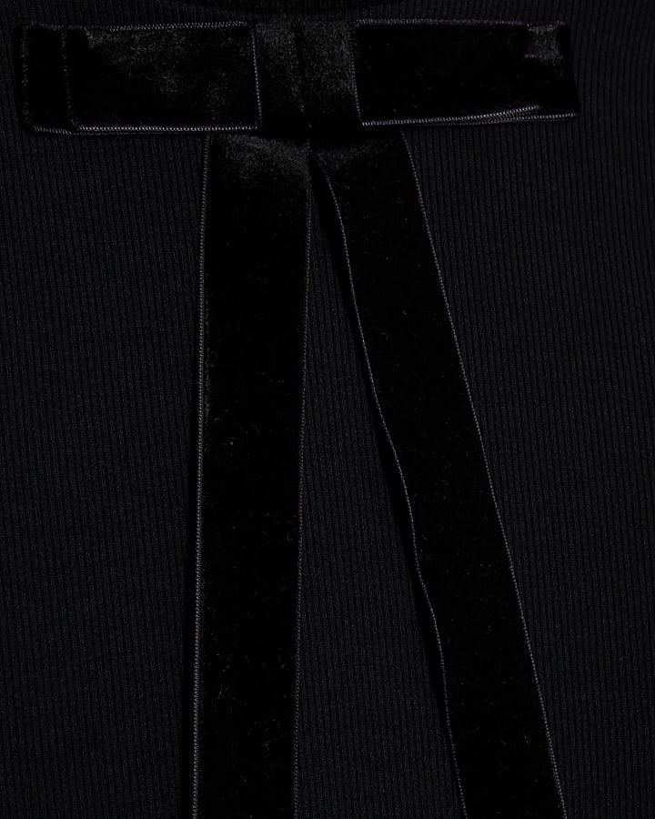 Black Short Sleeve Ribbed Bow Neck Top