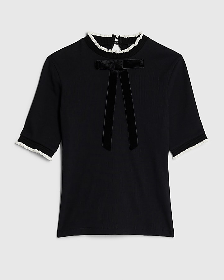 Black Short Sleeve Ribbed Bow Neck Top