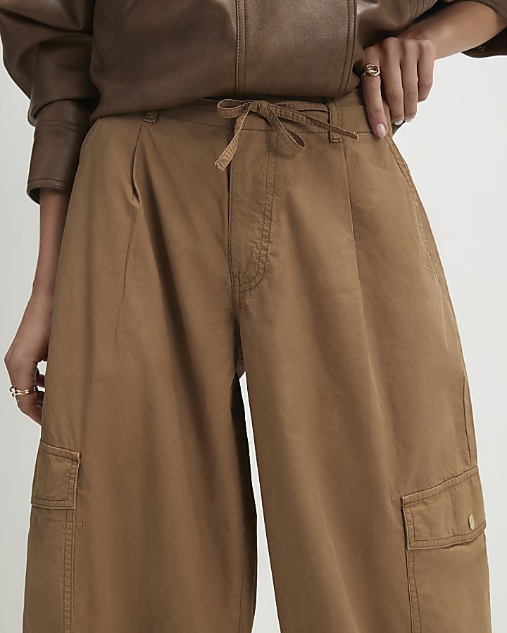 Beige Barrel Leg Cargo Trousers