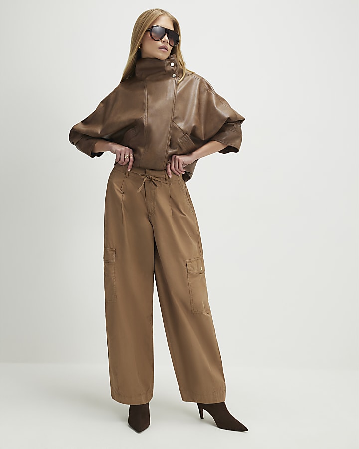 Beige Barrel Leg Cargo Trousers
