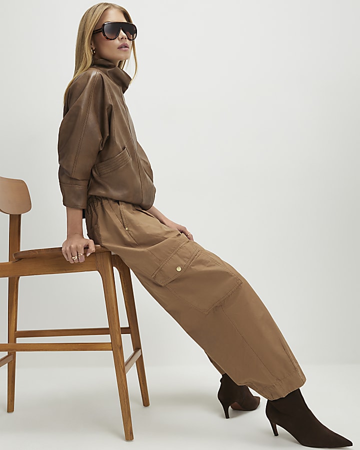 Beige Barrel Leg Cargo Trousers