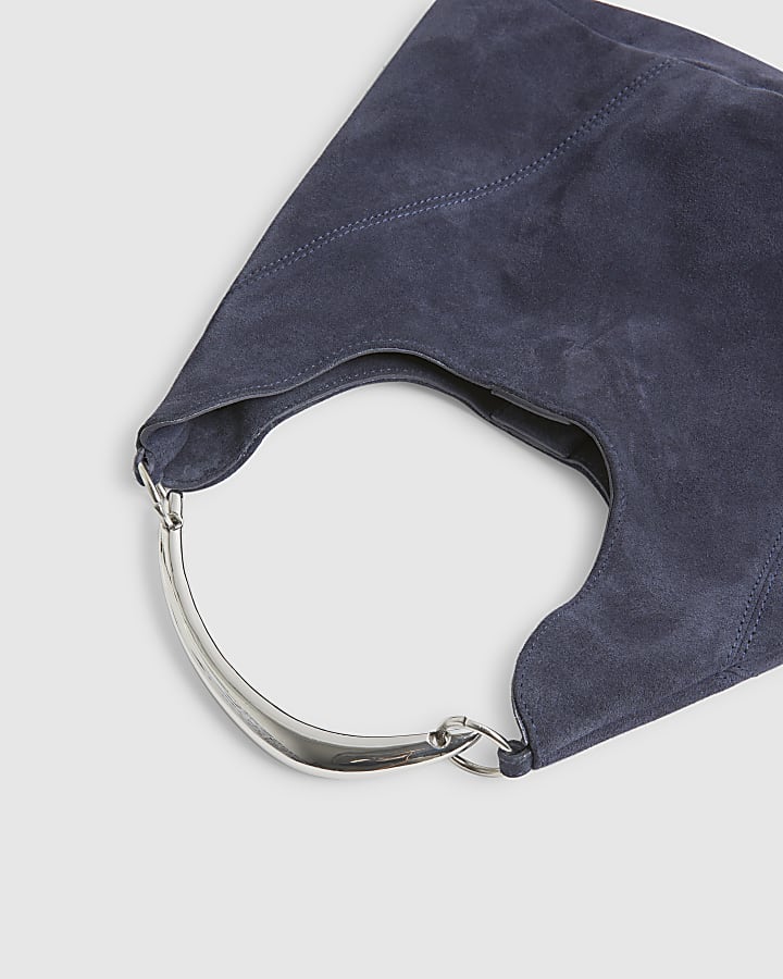 Navy Suede Metal Handle Slouch Shoulder Bag