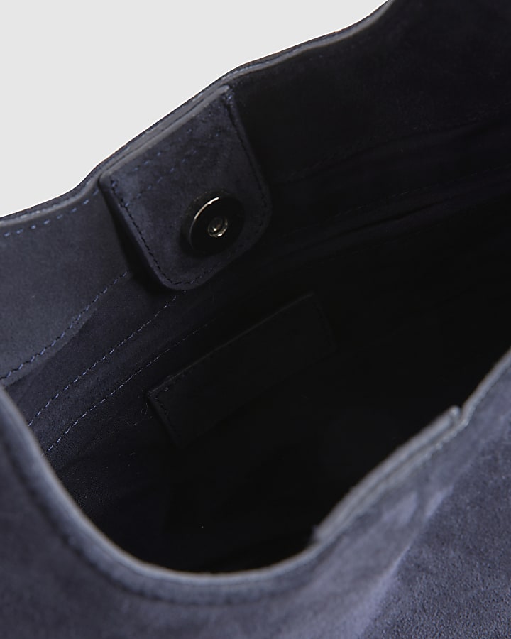 Navy Suede Metal Handle Slouch Shoulder Bag