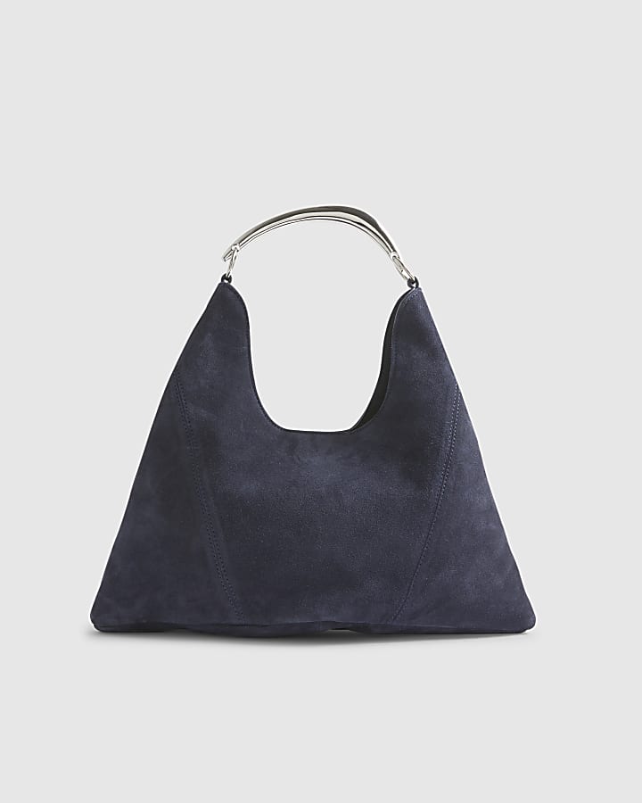 Navy Suede Metal Handle Slouch Shoulder Bag