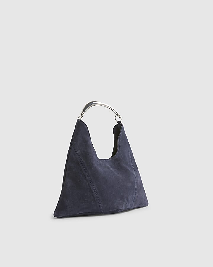 Navy Suede Metal Handle Slouch Shoulder Bag