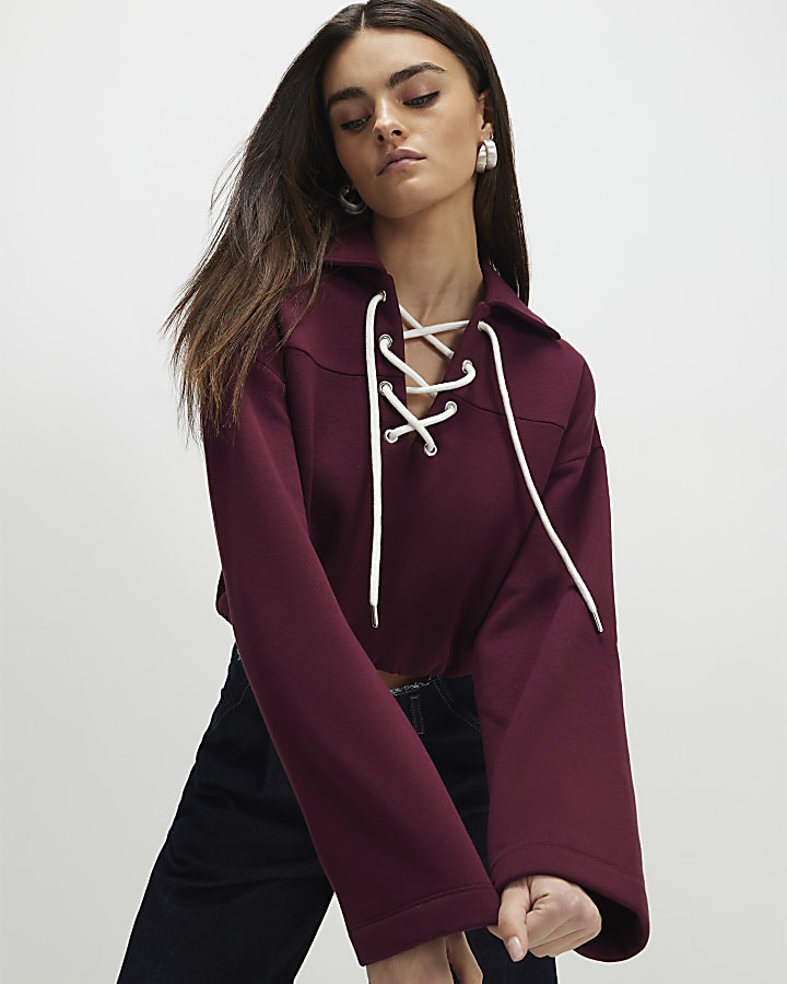 Red Lace Up Sweatshirt