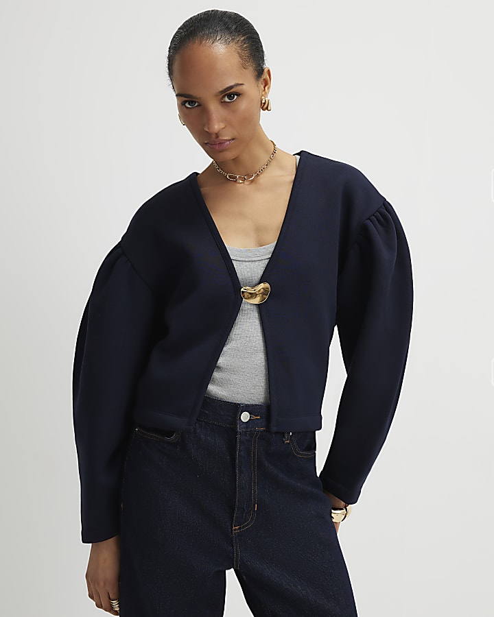 Navy Long Sleeve Button Detail Cardigan