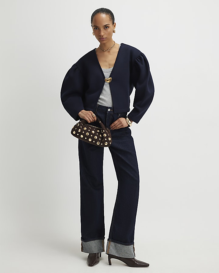 Navy Long Sleeve Button Detail Cardigan