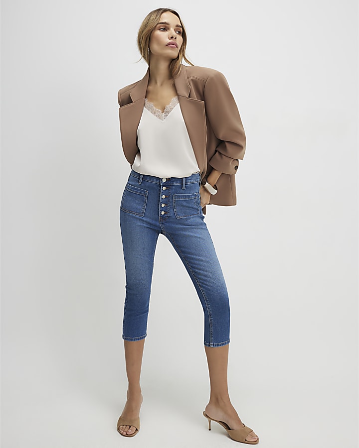 Blue Skinny Pocket Front Capri Jeans