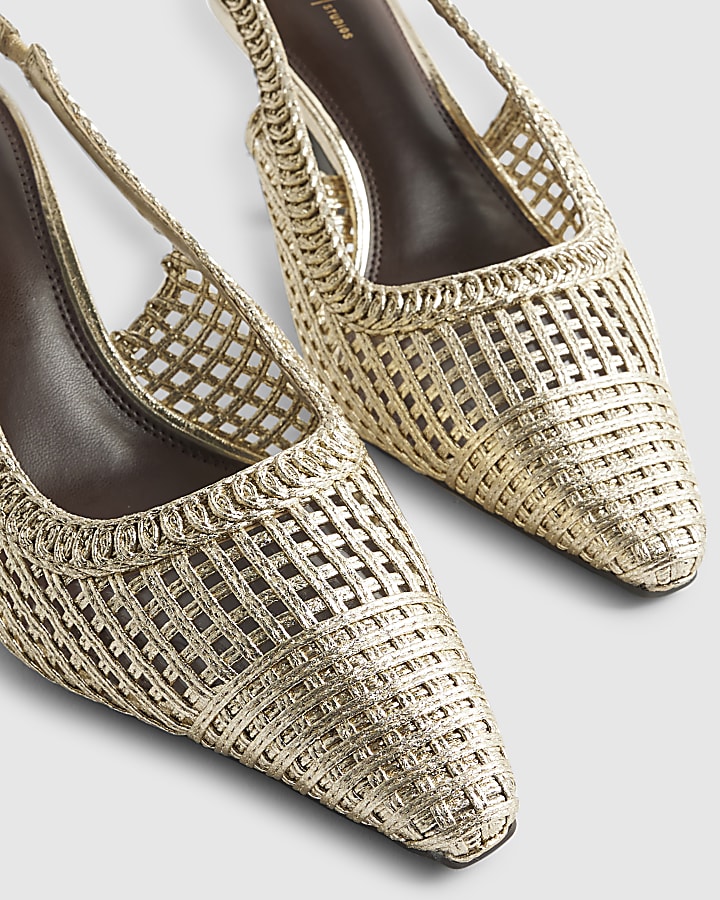 Gold Wide Fit Weave Slingback Court Heels
