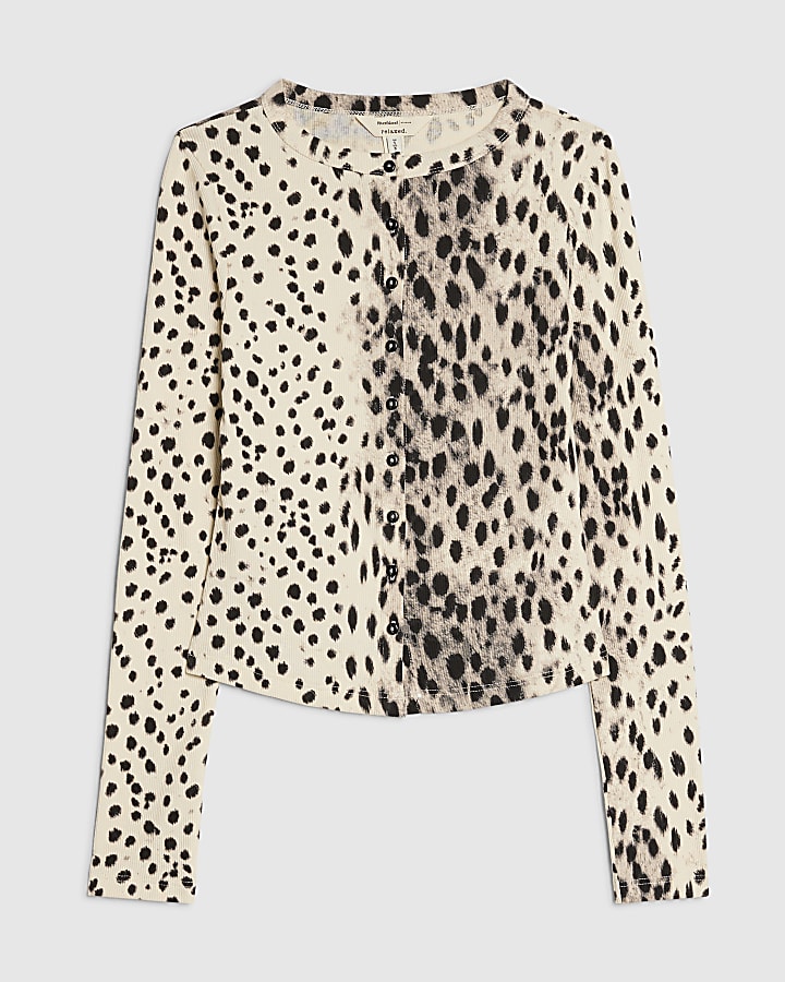 Cream Long Sleeve Leopard Print Ribbed Top