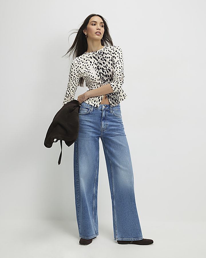 Cream Long Sleeve Leopard Print Ribbed Top