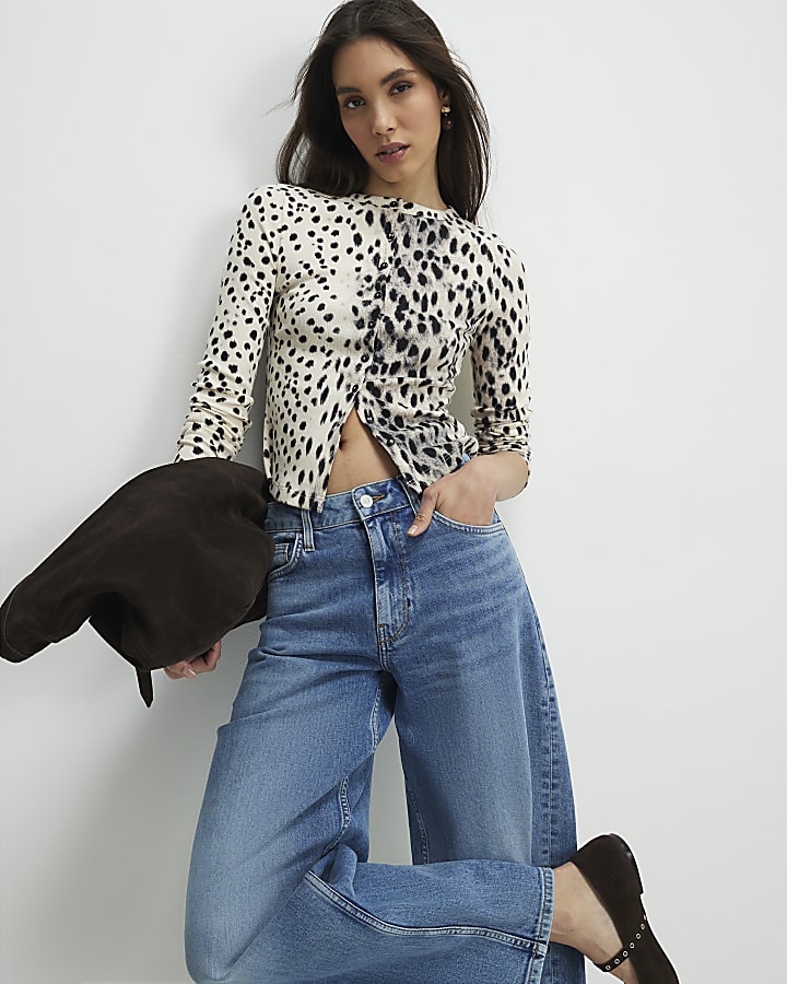 Cream Long Sleeve Leopard Print Ribbed Top