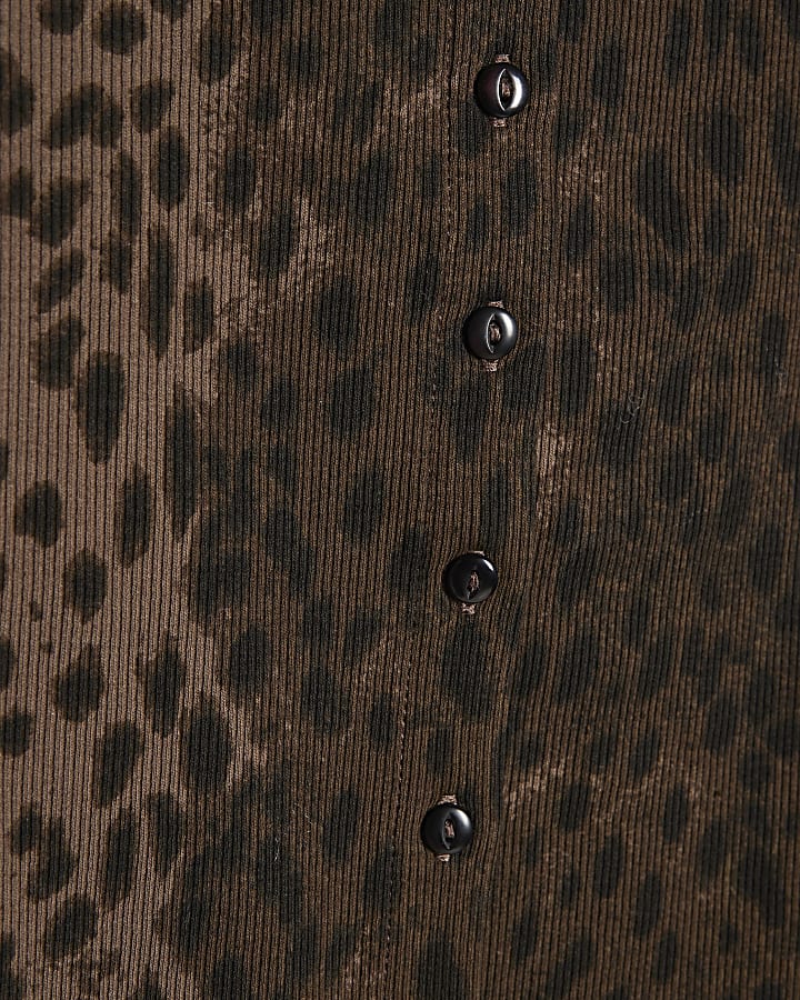 Brown Long Sleeve Leopard Print Ribbed Top
