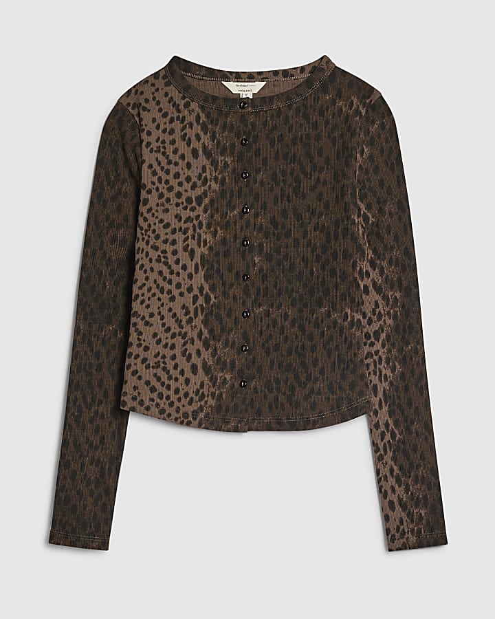 Brown Long Sleeve Leopard Print Ribbed Top