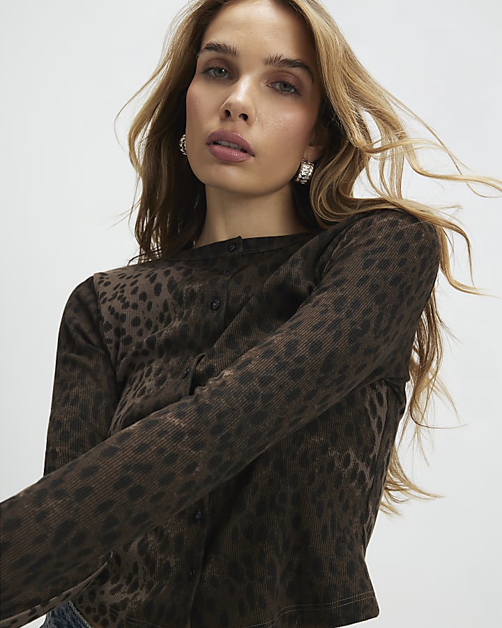 Brown Long Sleeve Leopard Print Ribbed Top