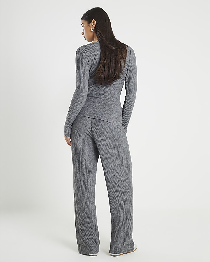 Grey Cosy Ribbed Wide Leg Trousers