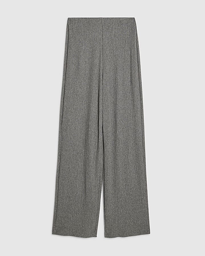Grey Cosy Ribbed Wide Leg Trousers