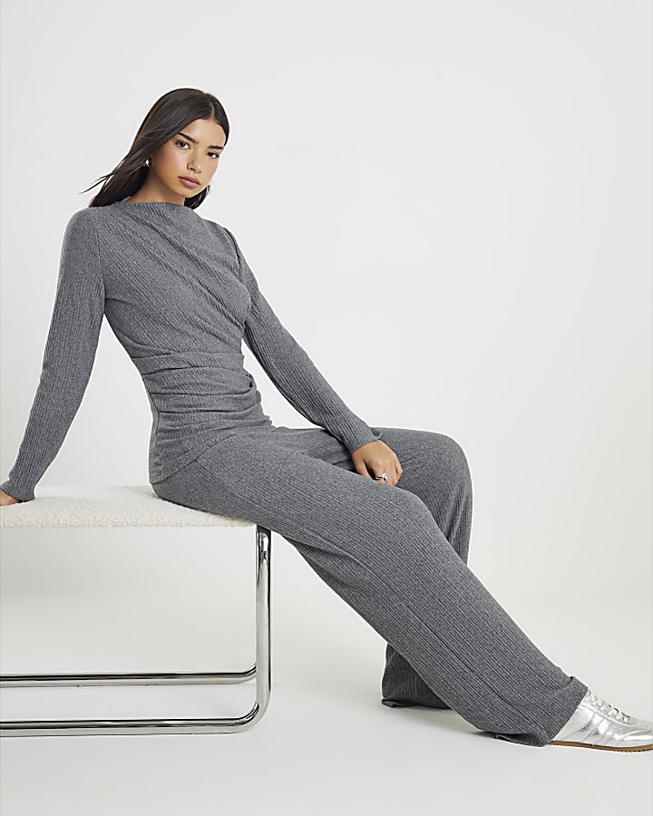 Grey Cosy Ribbed Wide Leg Trousers