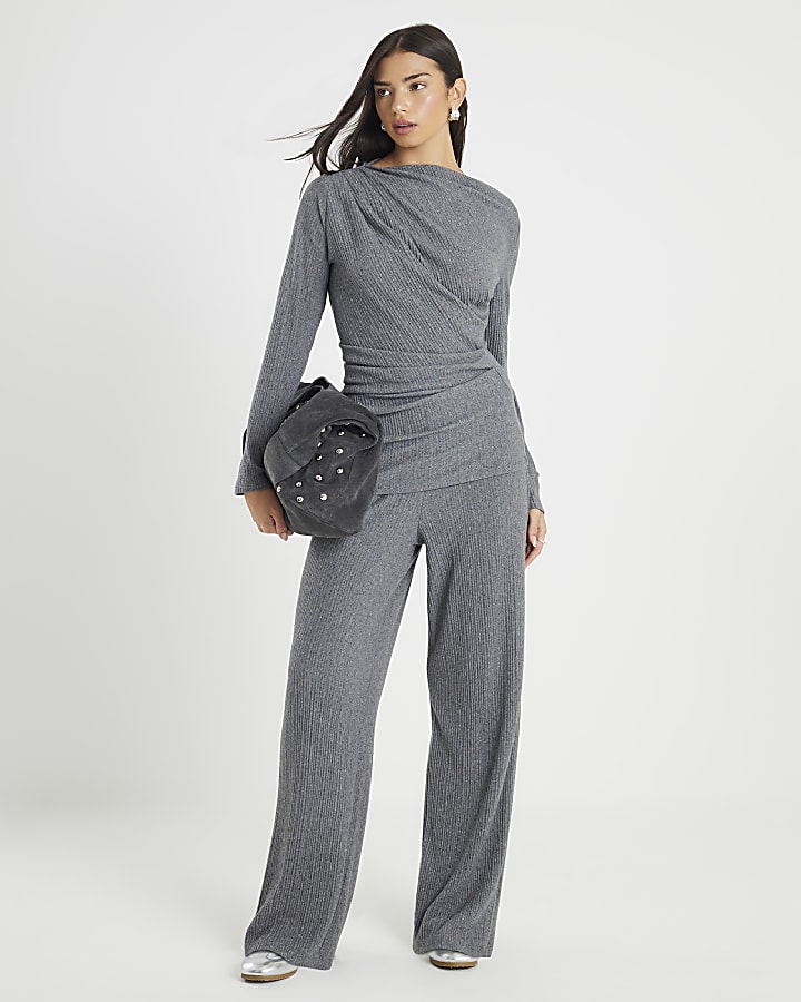 Grey Cosy Ribbed Wide Leg Trousers