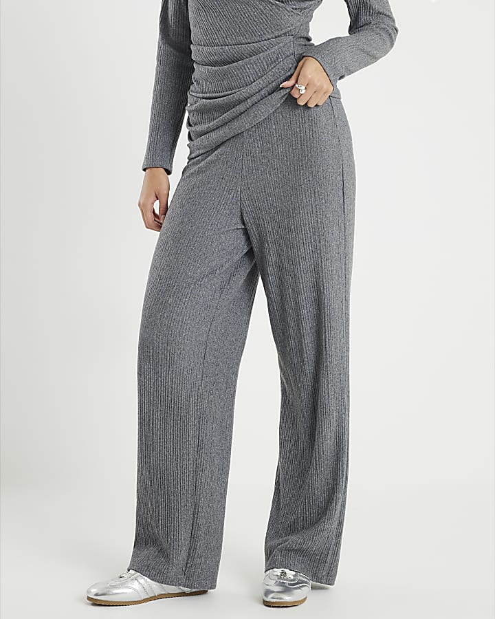 Grey Cosy Ribbed Wide Leg Trousers